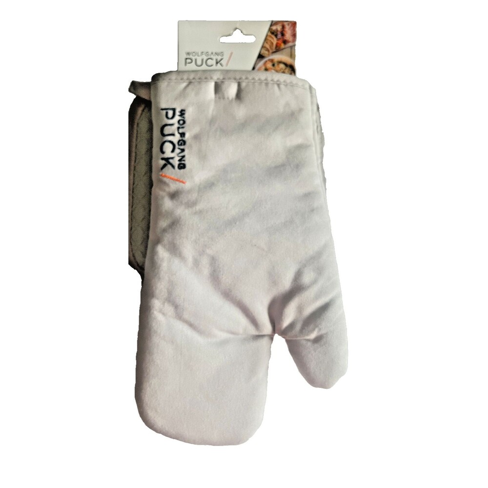 Wolfgang Puck Kitchen Oven Mitt Pot Holder Silicone Grips Embroidered Light Gray